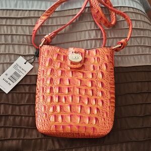 Brahmin Marley Dusty Melbourne Leather Orange-Pink Croc-Embossed Crossbody